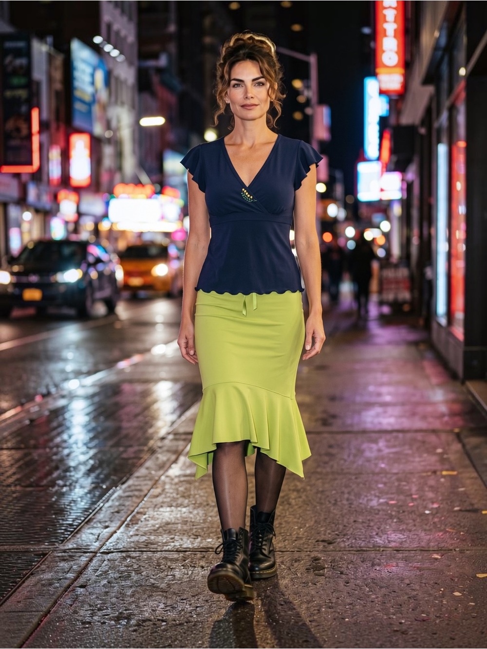 Max Studio Black V-Neck Top With Delicate V
Brooch & Lime Green Skirt